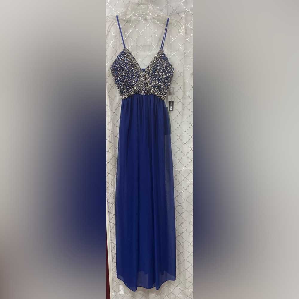 MY MICHELLE gem embellished royal blue evening gown w/spaghetti straps-size 3